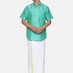 Sethukrishna Men Fluorescent Green & White Shirt with Dhoti Pants-picture-22