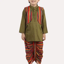 Superminis Boys Green Layered Pure Cotton Kurta with Dhoti Pants-17