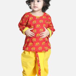 BownBee Boys Red & Yellow Ethnic Motifs Printed Pure Cotton Kurta With Dhoti Pants-picture-2