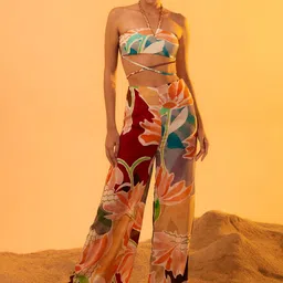 Tizzi Floral Printed Satin Swimwear Cover-Up Trouser-image-19