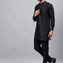 VASTRAMAY Mandarin Collar Curved Hem Straight Kurta with Trousers-image-92