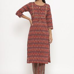 CRAFIQA Women Maroon Ethnic Motifs Printed Gotta Patti Pure Cotton Kurti with Trousers-15
