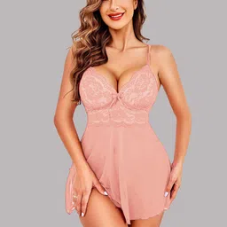 FIMBUL Self Design Shoulder Straps Net Baby Doll With Brief-picture-15