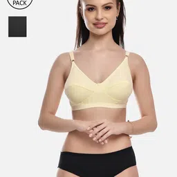 FIMS Women Pack Of 2 Black & Beige Solid Non Padded Cotton Lingerie Set-image-9