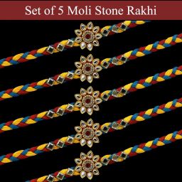 saugat traders Designer Pack of 5 Stone Rakhi for Brother with Chawal Roli Pack - Mauli Rakhi Mauli Thread, Kundan, Assorted Rakhi, Chawal Roli Pack Set image 2