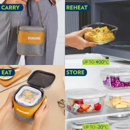 borosil Zest Glass Lunchbox, 2 pc Square Set (320 ml Each), Vertical Tiffin 2 Containers Lunch Box image 3