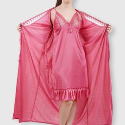 Romaisa Women Pink Solid Lace Detail 2 Piece Satin Maxi Wrap Nightdress-image-47