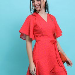 Basics By Tokyo Talkies Red Floral Printed V-Neck Flared Sleeve Wrap Mini Dress-3