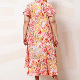 Athena Ample Plus Size Floral Print Flutter Sleeve Ruffled Crepe A-Line Midi Casual Dress image 5