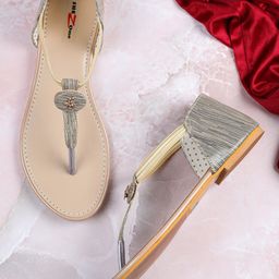Shezone Women Cream-Coloured Striped T-Strap Flats-2