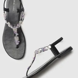 Marc Loire Women Black & Purple Embellished T-Strap Flats-55
