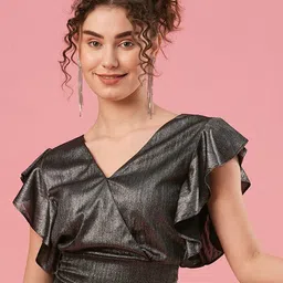 Globus Black V-Neck Flutter Sleeve Opaque Wrap Top-picture-16
