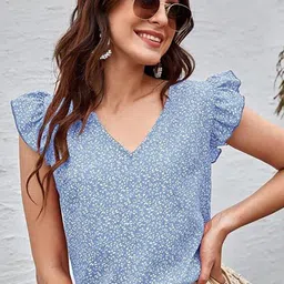 Kotty Blue Floral Printed Flutter Sleeve Top-picture-2