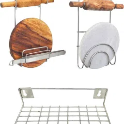 Utensil Kitchen Rack Stainless Steel Cup Stand & (Pack of 2) Plate Stand & Hookrail Steel-24