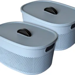 Plastic Medium Storage Baskets with lid|Design-Netted|Shape-Oval|Color-Sky Blue|Packof 2 Storage Basket-image-38