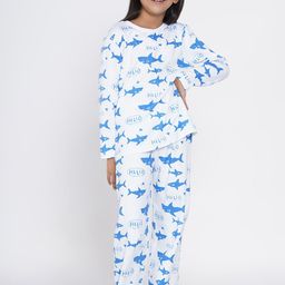 berrytree Girls White & Blue Printed Organic Cotton Night Suit-picture-19