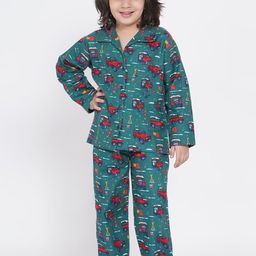 berrytree Boys Green & Red Printed Warm Flannel Winter Night Suit-picture-25