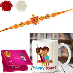 Designer Shree-Dora9-140_Rudra_S1 Gold Finish Rakhi, Chawal Roli Pack, Greeting Card, Mug Set-8