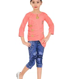 BAESD Girls Peach-Coloured & Blue Top with Capris-image-22