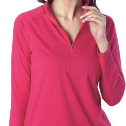 Women Solid Zip Neck Cotton Blend Pink T-Shirt-image-1