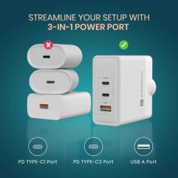 Portronics Adapto 100 Multiport Charger with dual USB-C PD and USB-A ports, designed for fast charge capability and universal device compatibility. image 5