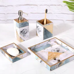THE HOME CO. Grey & White 4 Pieces Abstract Printed Matte Finish Wooden Bath Accessories-6