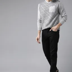 Men Striped Round Neck Grey Sweater-image-24