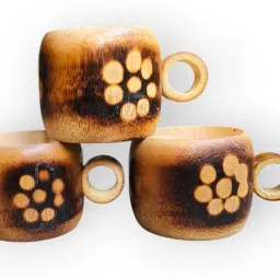 Bamboo Handcrafted Bamboo Tea Cups with Floral Design, Set of 3, Natural Brown-image-8