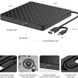 OG X NEXA WITH DEVICE USB 3.0 & Type C External DVD Writer for Laptop, CD/DVD ROM +/-RW CD Burner External DVD Writer image 4