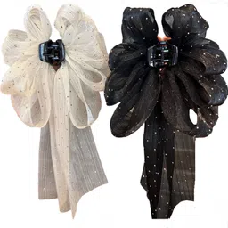 samyak 2 Pcs Fashion with Long Tail Ribbon Big Bow Clutcher Accessory Hair Clip-picture-32