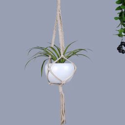 Beige Metal & Fabric Macrame Medium Hanging Rope Planter with White Pot By Homesake-picture-31