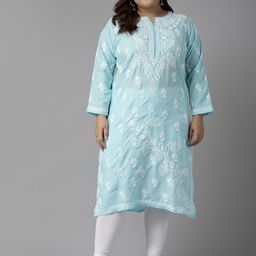 ADA Women Plus Size Blue Ethnic Motifs Embroidered Chikankari Kurta-image-34