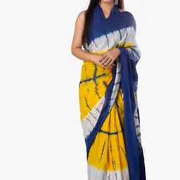 JALTHER Yellow & Blue Tie and Dye Pure Cotton Block Print Saree-image-53