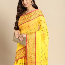 DESH BIDESH Yellow & Pink Ethnic Motifs Pure Cotton Taant Saree-picture-42