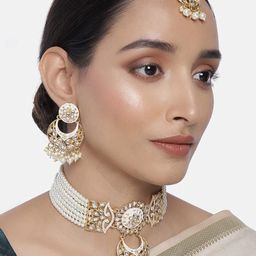I Jewels Gold-Plated Kundan Studded & Beaded Necklace and Earrings With Maang Tika-picture-25
