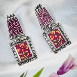 ATIBELLE Silver-Plated Beaded Contemporary Oxidised Drop Earrings-96