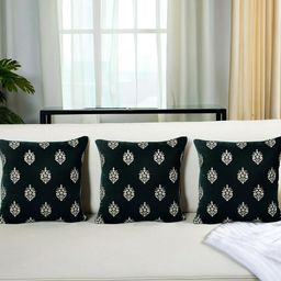 Decoghar Green & Gold Toned 3 Pieces Floral Embroidered Square Cushion Covers-picture-8