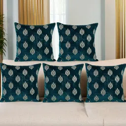 Decoghar Green & Gold Toned 5 Pieces Floral Embroidered Square Cushion Covers-image-72