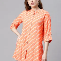 Divena Orange & White Mandarin Collar Roll-Up Sleeves Regular Top-image-51