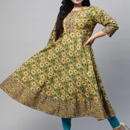 YASH GALLERY Women Plus Size Olive Green  Beige Printed Anarkali Kurta-picture-20