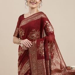 Saree mall Maroon Floral Linen Blend Banarasi Saree-picture-0