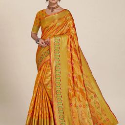 MS RETAIL Gold-Toned & Green Floral Zari Organza Banarasi Saree-image-67