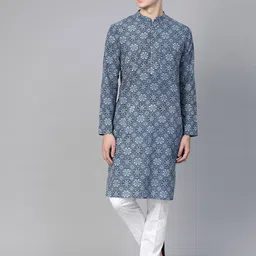 See Designs Men Navy & White Hand Block Printed Sustainable Handloom Kurta with Pyjamas-picture-44