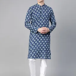 See Designs Men Navy Blue & White Hand Block Print Sustainable Handloom Kurta with Pyjamas-picture-0