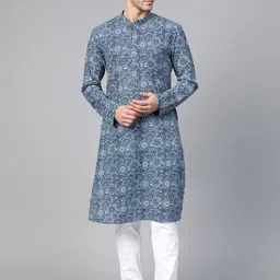 See Designs Men Blue & White Hand Block Print Sustainable Straight Kurta-picture-43