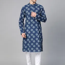 See Designs Men Navy & White Hand Block Printed Sustainable Handloom Kurta with Pyjamas-picture-54