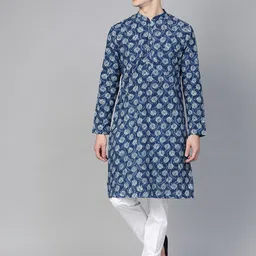 See Designs Men Navy Blue & White Handloom Handblock Print Sustainable Straight Kurta-picture-11
