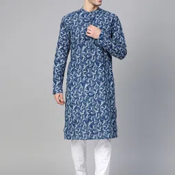 See Designs Men Navy Blue & White Handloom Handblock Print Sustainable Straight Kurta-picture-9