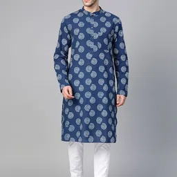 See Designs Men Blue & White Hand Block Print Sustainable Straight Kurta-picture-33