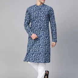 See Designs Men Navy & White Hand Block Printed Sustainable Handloom Kurta with Pyjamas-picture-53